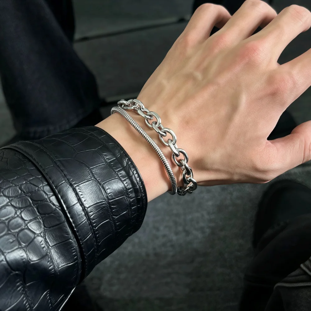 Hip-Hop Edelstahl Doppelschichtige Dicke Kette Herren Armband Retro Silberfarben Trendiger Schmuck Punk Damen Armband Accessoires – Detail 1