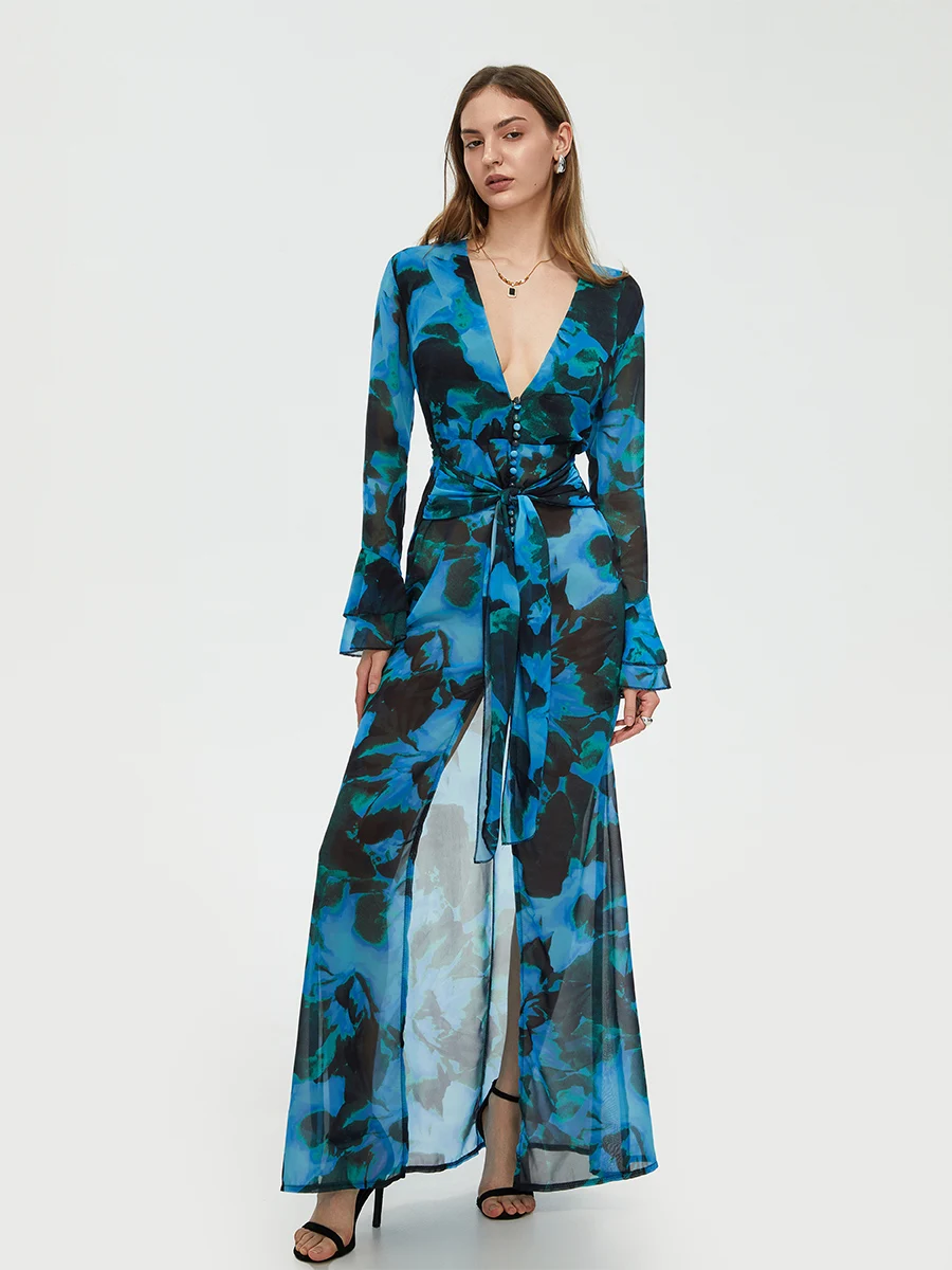 Dames Zonnebrandcrème Strandsmock Maxi Jurk Lange Mouw V-Hals Print Gespleten Taille Riem Zwembad Strandcover Ups Jurk