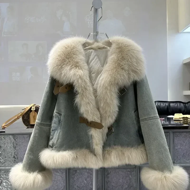 2025. New Large Fur Collar Denim Jackets Women Outwear Duck Down Liner Down Jacket Sort Motorcycle JacketWinter Thick Warm Parka