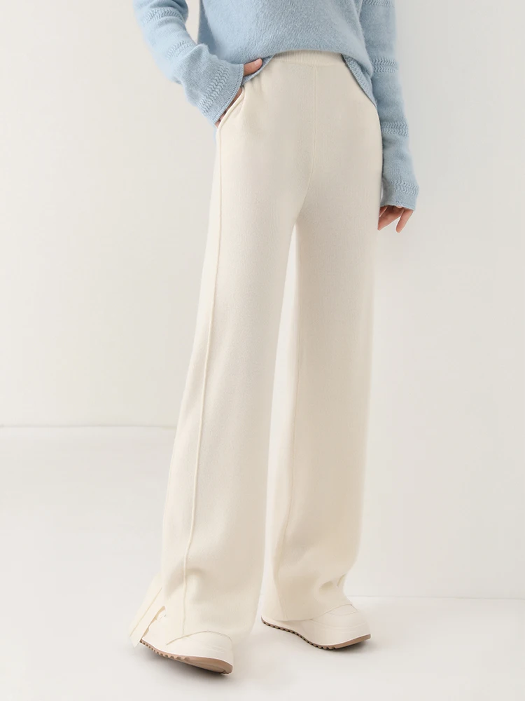 

Women Wool Wide Leg Pants Threaded Elastic Waist Cashmere Trousers Autumn Winter 100% Merino Wool Knitted Soft Slit Design Pants