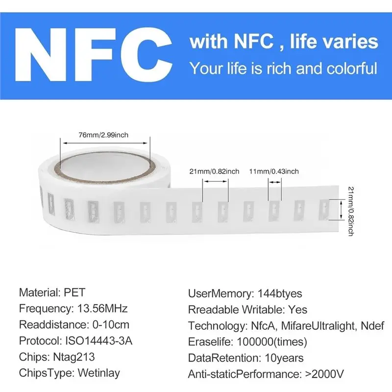 2026 New NFC Tags Sticker 500 PCS Blank NTAG213 Chip Adhesive RFID Stickers Rewritable 137 Bytes Memory Label view 6