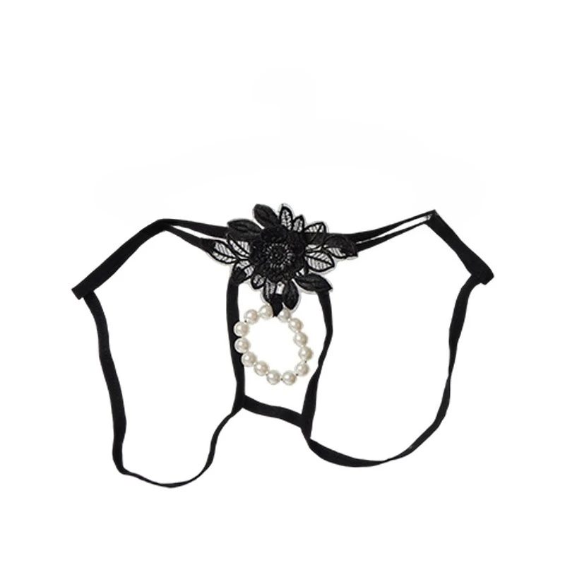 Men's G String Thongs Exotic Lace Flower Pearl Hollowed-Out Briefs Low-Rise Sexy Temptation Open Crotch Elastic Sissy Underwear