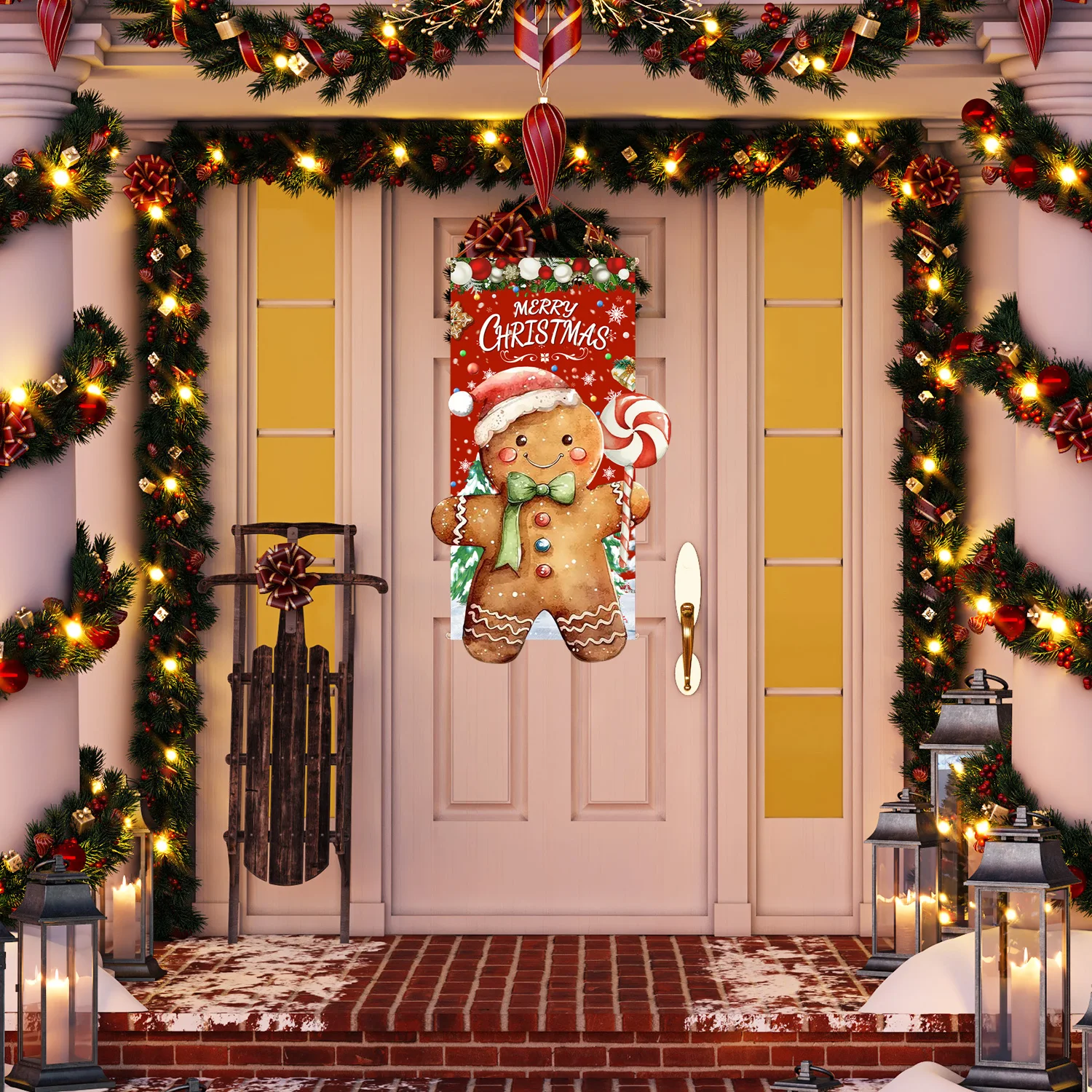 Christmas Gingerbread House Door Set Gingerbread Man Holiday Decorations Indoor and Outdoor Christmas Themed Party Decor