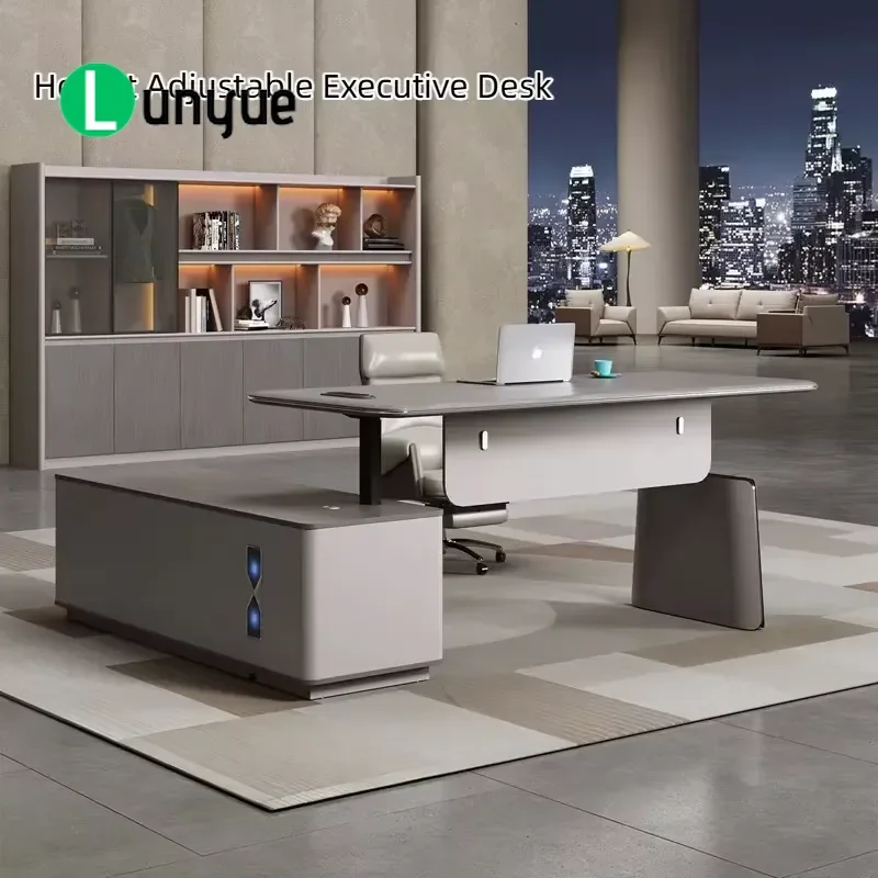 Modern Luxury Electric Height Adjustable CEO Desk with Locker and Cable Management for Home Office Executive Workspace