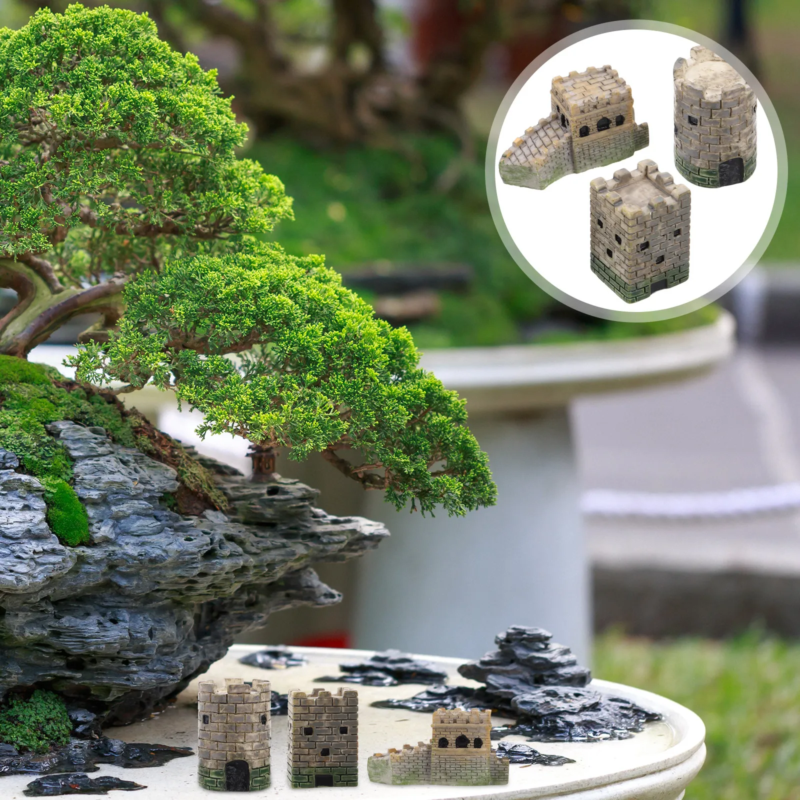 3Pcs Micro Landscape Architecture Set Vintage Round Fortress Square Castle China European Resin Sand Table Decor for Display