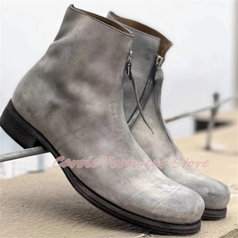 

British Style Round Toe Chunky Heel Ankle Boots for Men Retro Leather Side Zipper Motorcycle Boots Male Outside Footwear Shoes