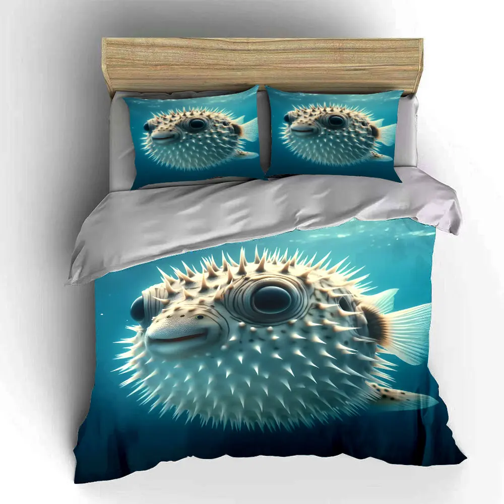 Spiky pufferfish in clear water Duvet Cover Set with 3D Printing Design Soft Polyester Bedding Set All-Season Comfort 5