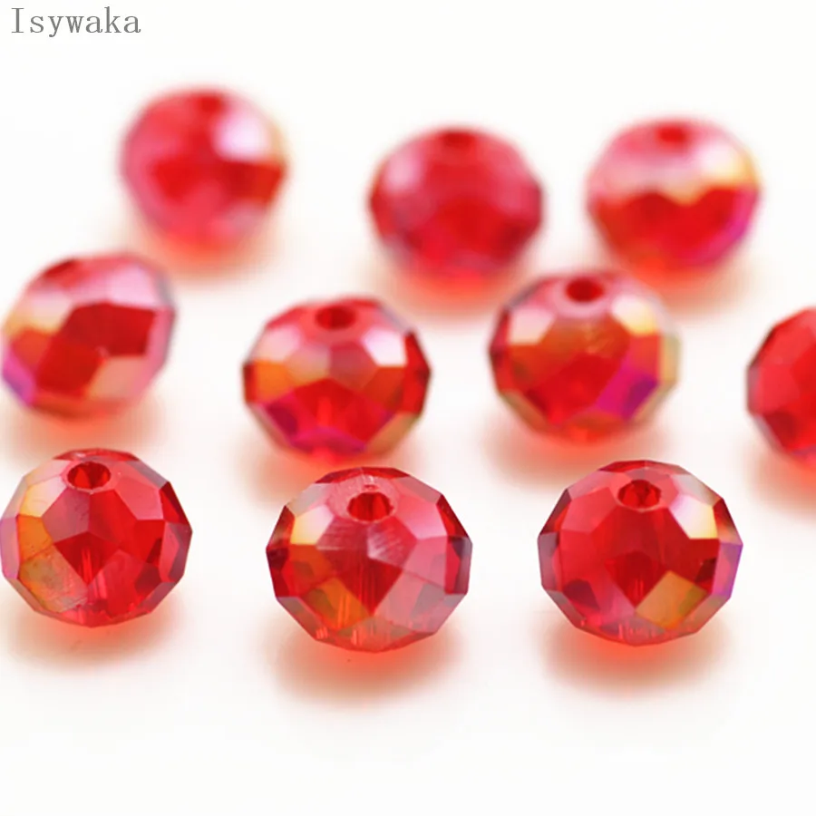 Isywaka Red AB Color  6*8mm 65pcs Rondelle  Austria faceted Crystal Glass Bead Loose Spacer Round Bead for Jewelry Making