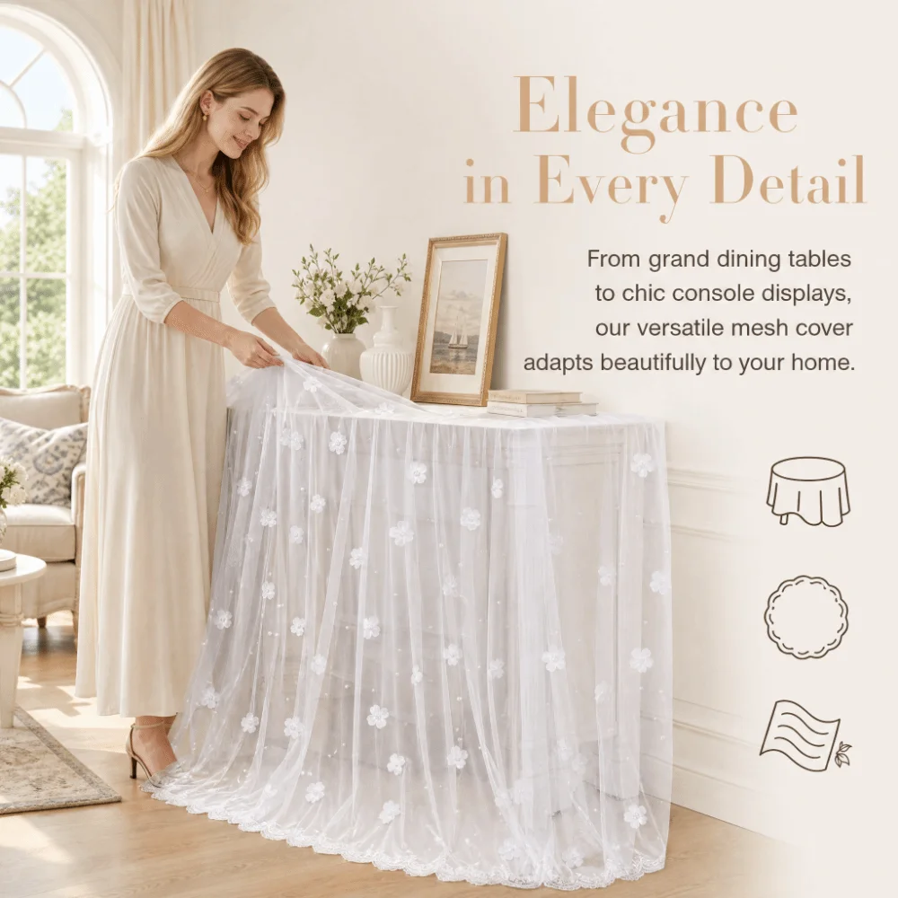 Hollow-out Pearl Tulle Table Runner 200x80cm Semi Transparent Tulle Gauze Table Cloth Floral Pearl Tulle Fabric‌ DIY Table Cover