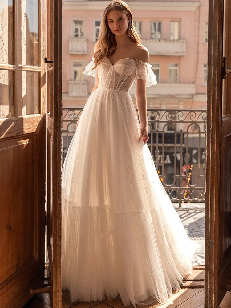 A Line Princess Wedding Dress For Women Custom Made With Long Train Sheer Neck Off The Shoulder Sweetheart Vestidos De Noiva