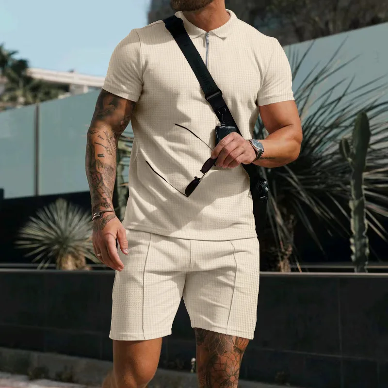 

Men's Summer Casual Set Short Sleeved Waffle T-shirt And Loose Collar Shorts Solid Color