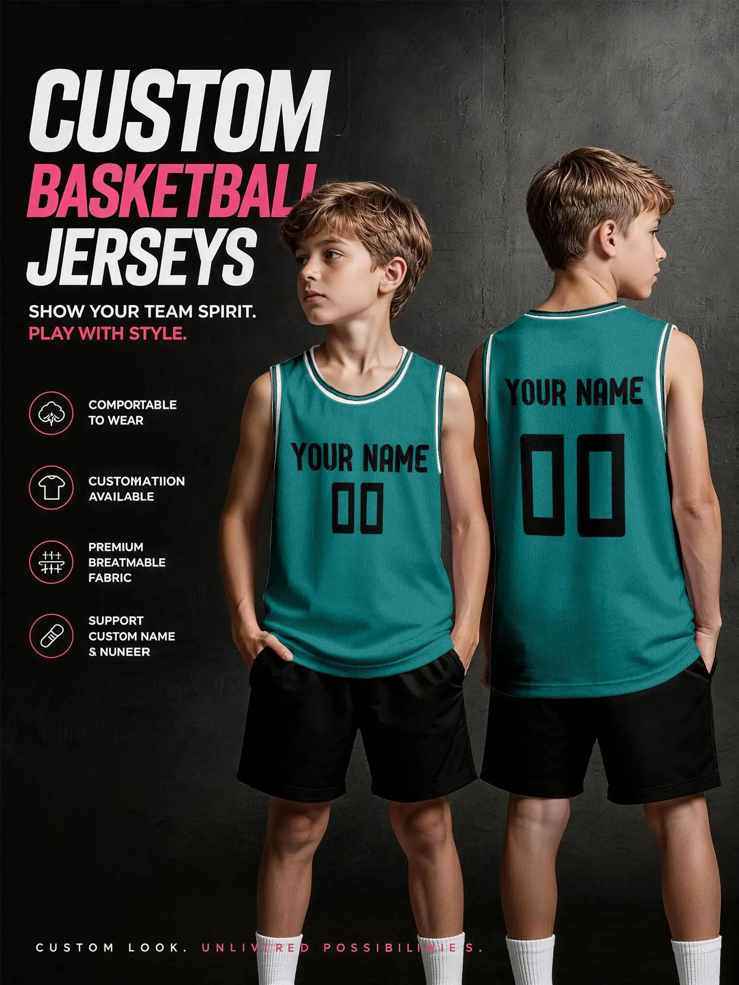 Retro Teal White‑Trim Custom Kids Basketball Jersey, Quick‑Dry Breathable Mesh Tank With Personalized Prints