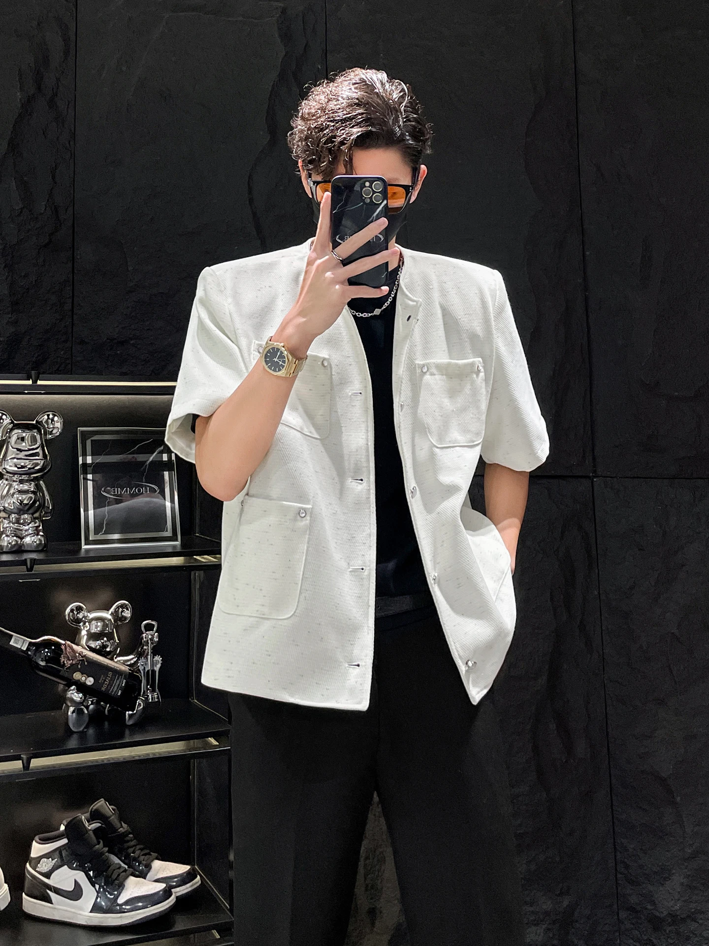 

White No Collar ort Sve Jaet for Men by HOMME Youthful Trendy Brand Summer Outerwear Casual Loose Fit