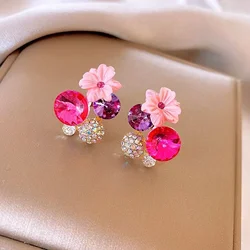 New Exquisite Pink Crystal Flower Earrings With Rhinestones For Women Personalized Daily Accessory Party Jewelry Birthday Gifts