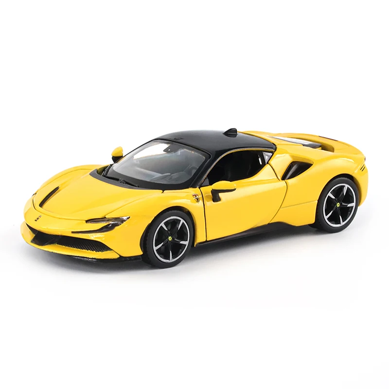 Bburago 1:32 Yellow Ferrari SF90 STRADALE sound and light alloy simulation pull back car model carton box alloy car model