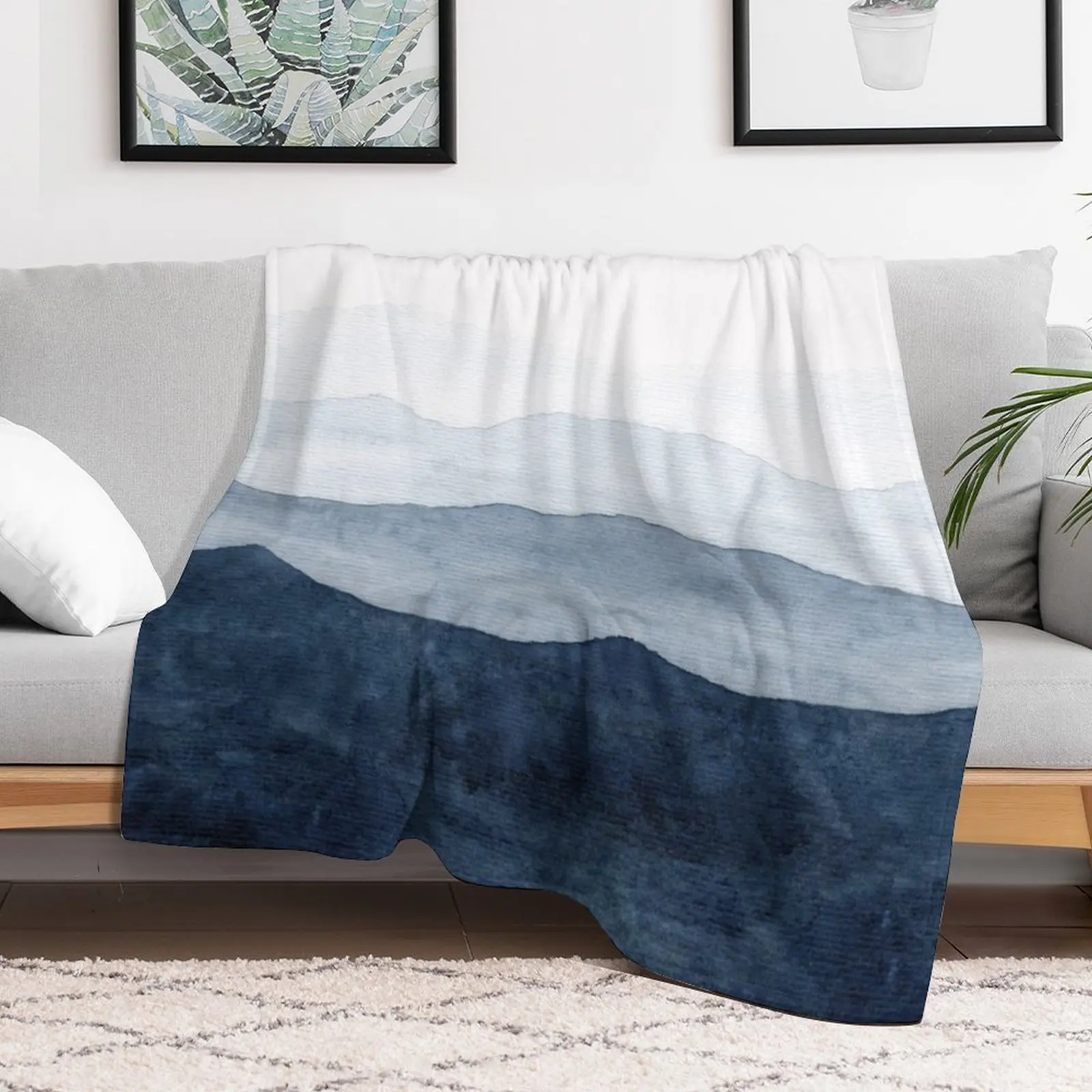 Mountains Ombre | Indigo Abstract Watercolor Throw Blanket Multi Use Warm Blanket for Living Room Bedroom