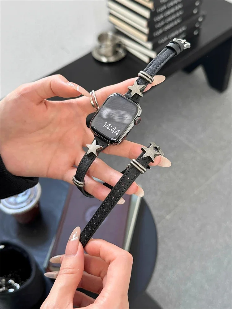 

Кожаный ремешок в ретро-стиле с серебристыми звездами для Apple Watch 41 мм 40 мм 45 44 49, корейский ремешок для Iwatch Series 9 8 7 6 SE Correa