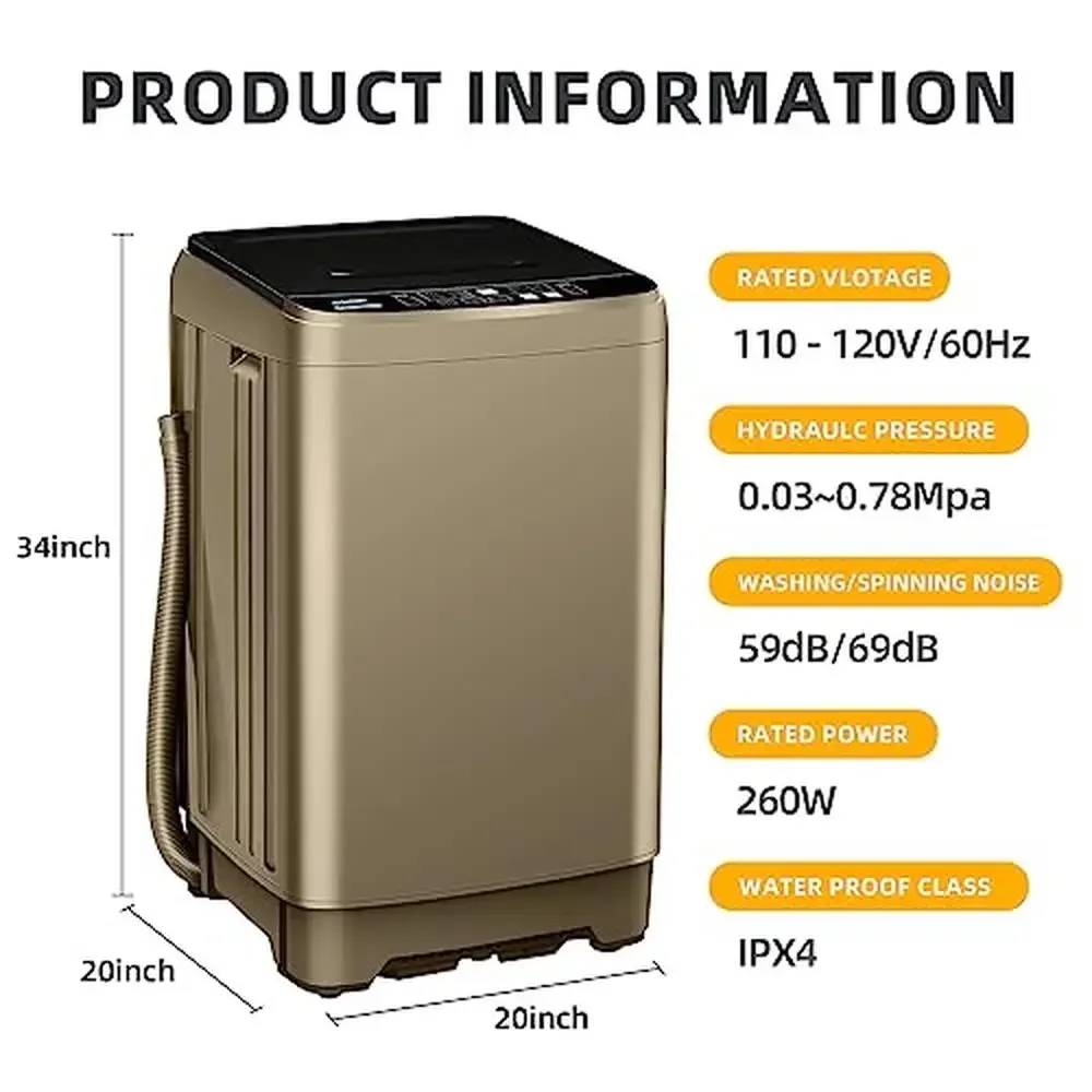 Automatic 17.7lbs Apartment Washing Machine Drain Pump 10 Wash Programs 8 Water Levels Dorm Family Portable Safe Child Lock High