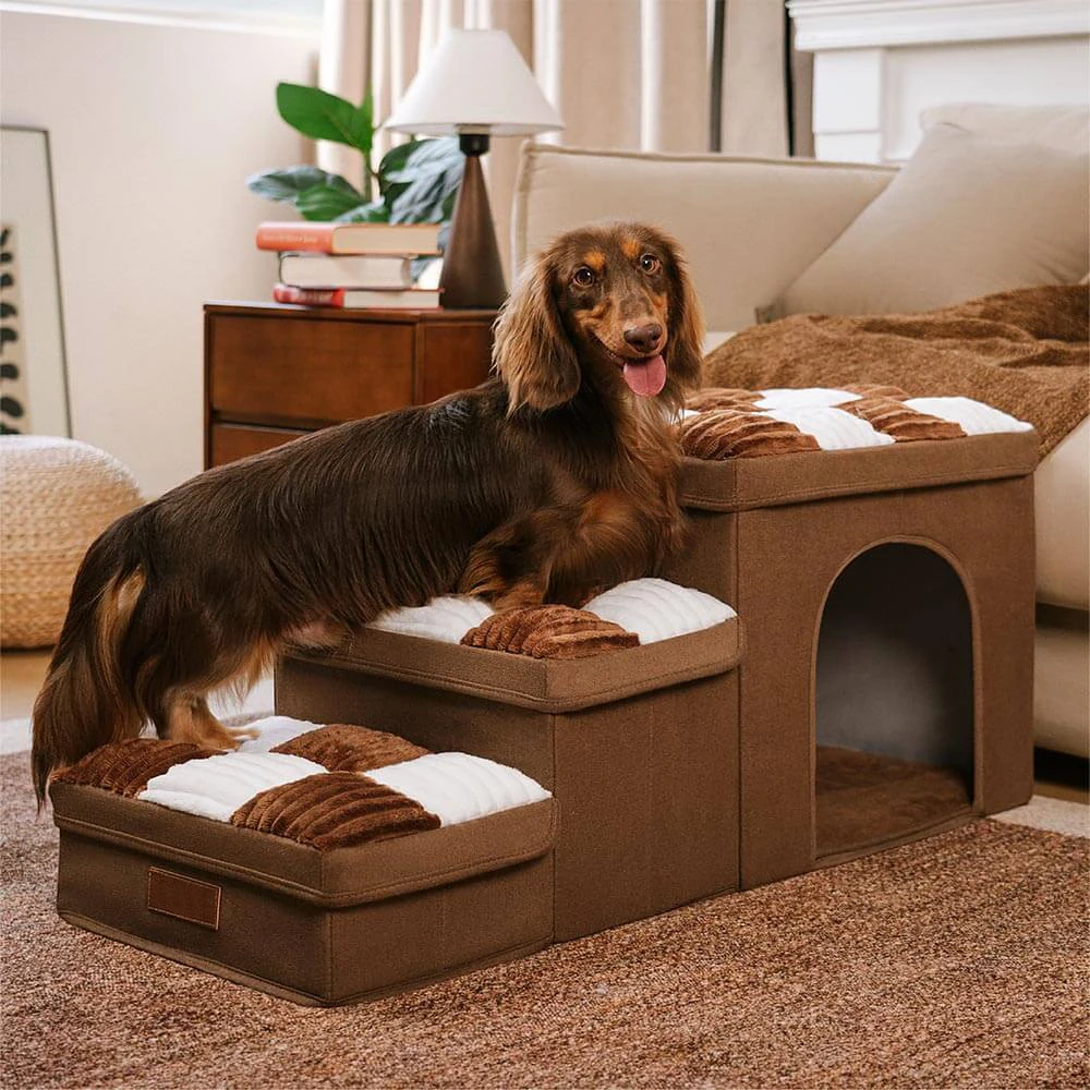 Immagine 3: Scaletta Pieghevole a 3 Gradini per Cani, Fatta a Mano, con Design a Scacchiera, per Appartamenti con Spazio di Stoccaggio, Letti Alti e Divani