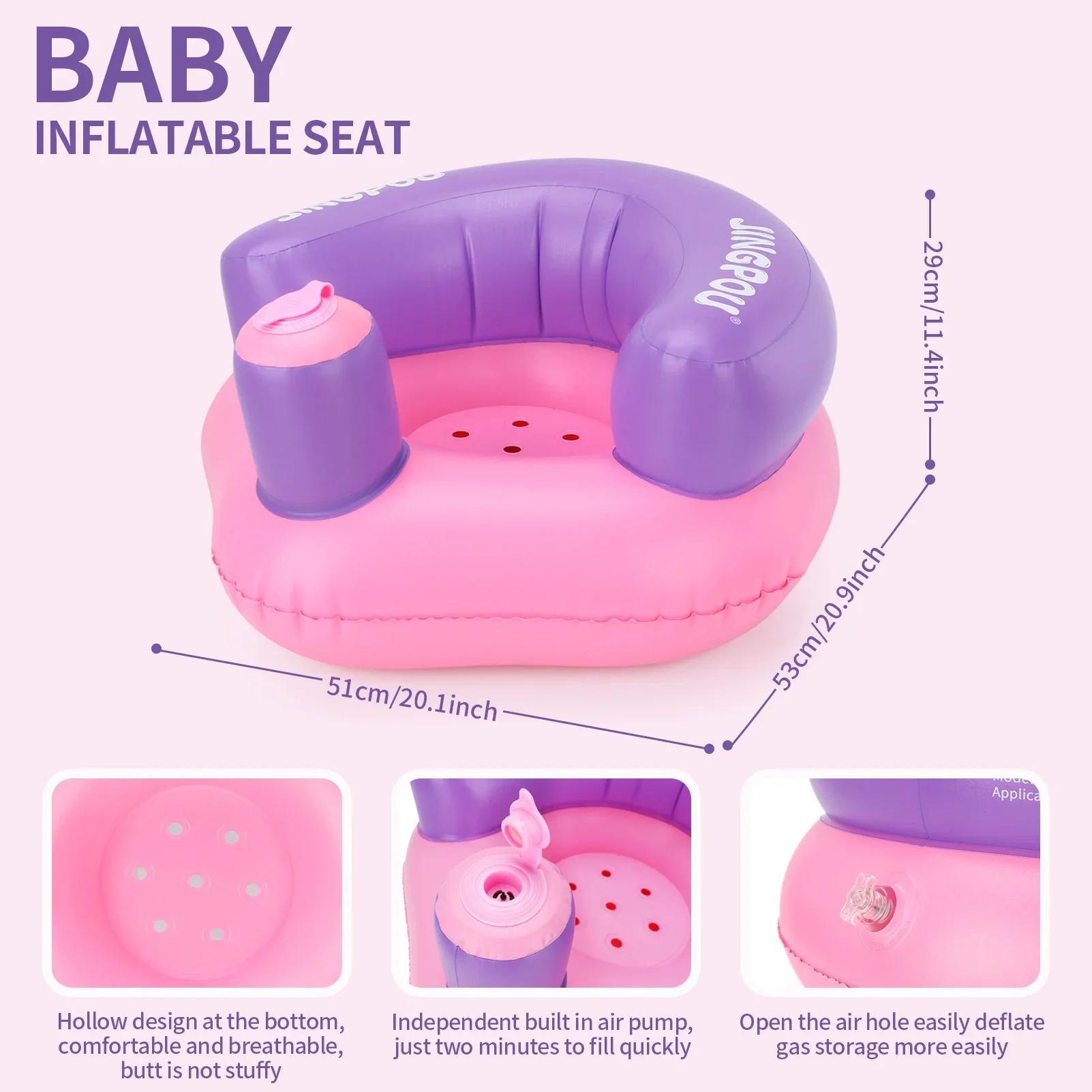 Built-in Pump Inflatable Baby Seat, PVC Kids Sofa for Bath & Meal, Corrects W-Sitting, Portable Travel Chair 6-24M