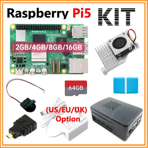 Imagen 1 del producto Raspberry Pi 5 16GB /8GB/4GB/2GB RAM opción Pi5 8GB KIt PD fuente de alimentación/RTC/64GB tarjeta/ventilador disipador de calor/lector de tarjetas