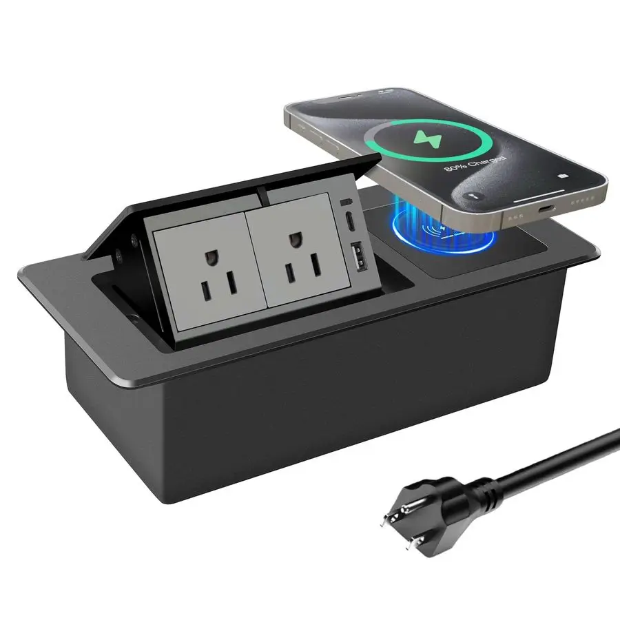 

Table Power Hub 15W Wireless Charger and PD20W TypeC Fast Charging, Pop up Outlet Desktop Connection Box with 2AC Outlets and US