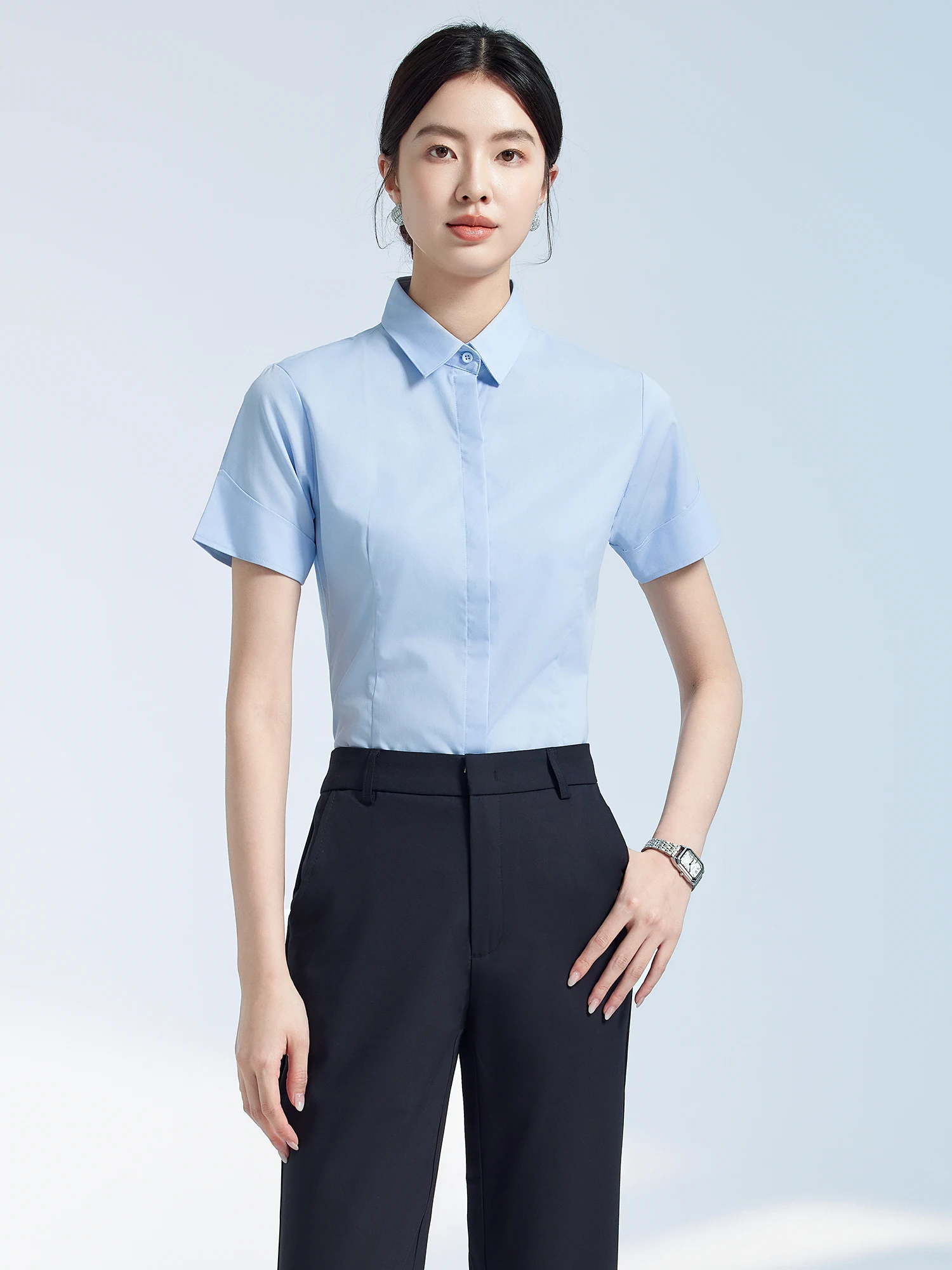 

Women's Slim Fit Short Sleeve Shirt Business Casual Light Blue Professional Workwear Breathable Cotton Polyester Blend