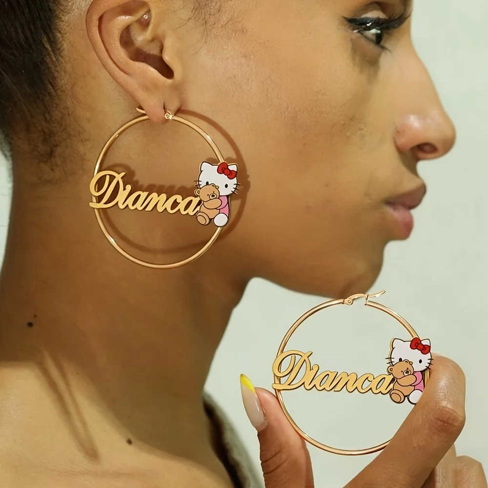 

Custom Name Printed Hello Kitty Hoop Earrings Personalized Stainless Steel 40mm Hoops Sanrio Cartoon Jewelry Nameplate Earring