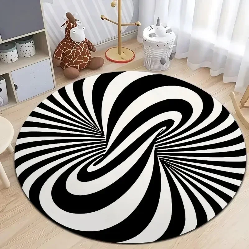 VIKAMA Black White Spiral Optical Illusion Round Area Rug, Non-Slip Floor Carpet for Living Room Bedroom Decor