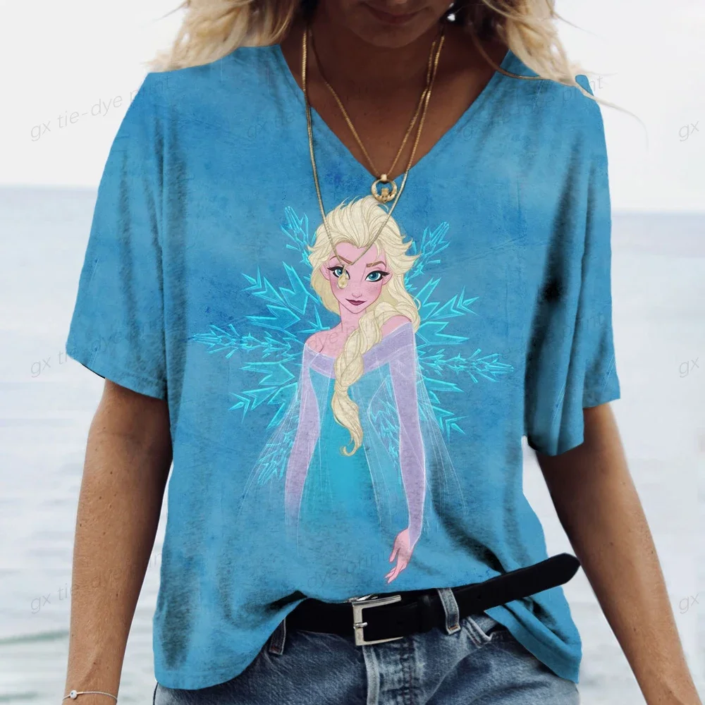 Street Fashion Clothing Disney Princess Women\'s V-neck T-shirt Summer Women\'s Top Harajuku Cartoon Pattern Girl T-shirt Cute