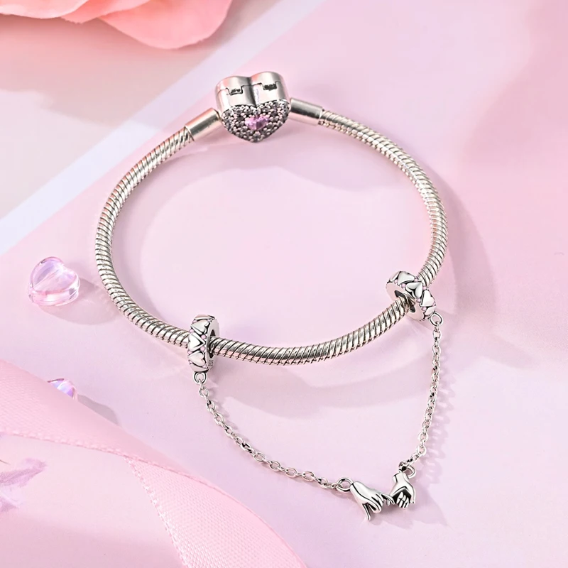 Classic Safety Chain Inlaid 925 Sterling Silver Zirconium Hand-in-Hand Charms Bead Fit Original Bracelet DIY Jewelry