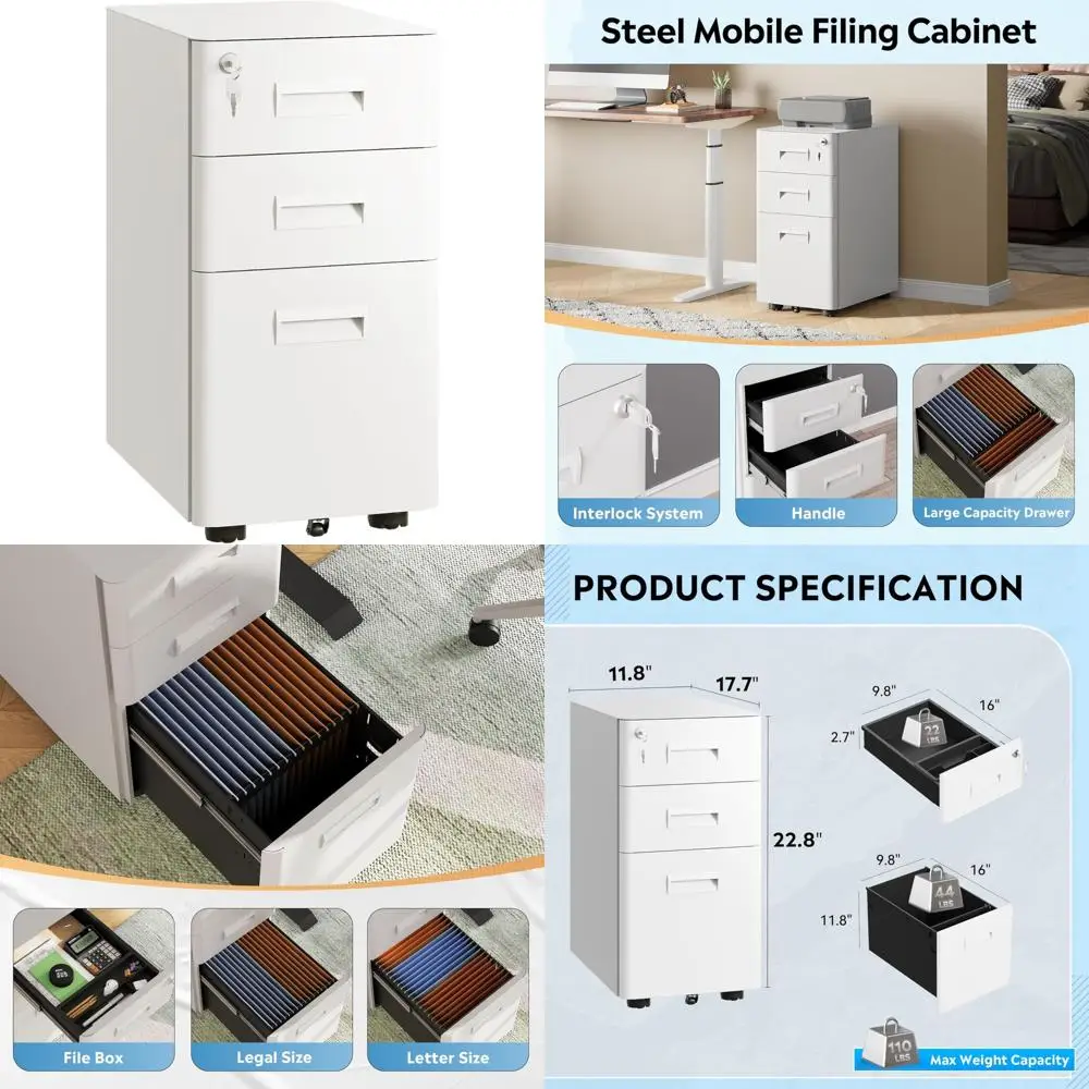 Armário de arquivo móvel com trava branca de 3 gavetas com rodas para escritório, totalmente montado, solução de armazenamento profunda de 17,7