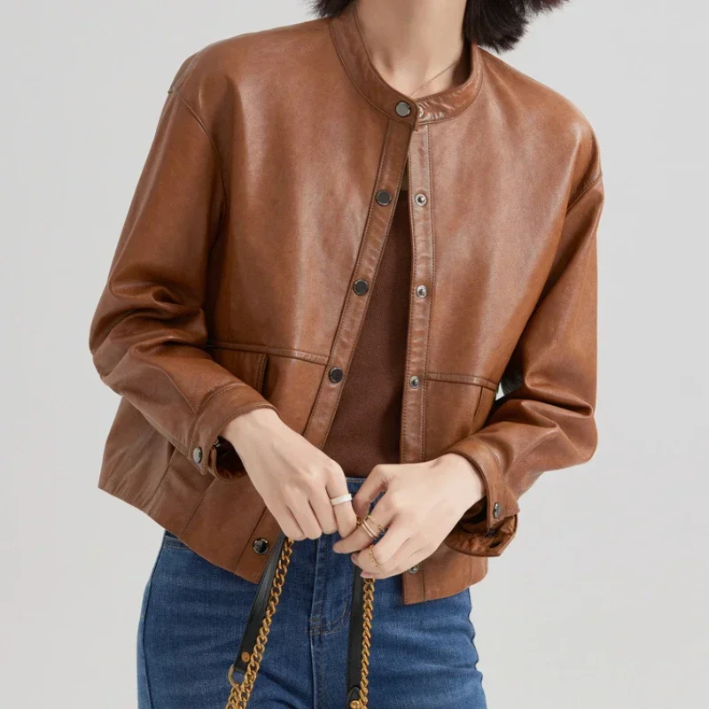 Veste en cuir véritable pour femme, tenue décontractée, ample, courte, en peau de mouton, collection printemps-automne 100%, 22