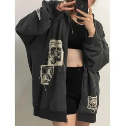 Gotyckie kurtki z kapturem damskie Harajuku ponadgabarytowa kurtka z zamkiem jesienno-zimowa Vintage luźne bluzy z kapturem Y2k streetwear