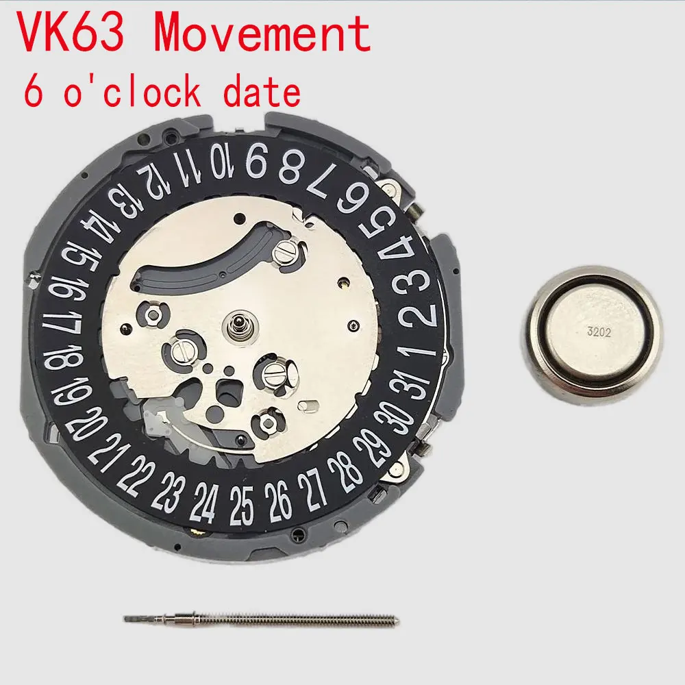 Mouvement de montre à quartz automatique, calendrier unique, série VK63 VK63A VK, noir, date d'horloge 6 o