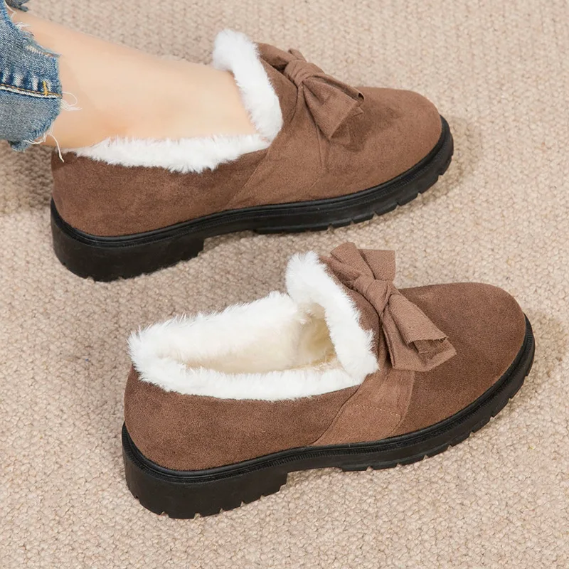 Winter New Ladies Cotton Shoes Plush Warm Non-slip Female Casual Shoes Woman Bowknot Short Snow Boots Mom Comfy Furry Loafers
