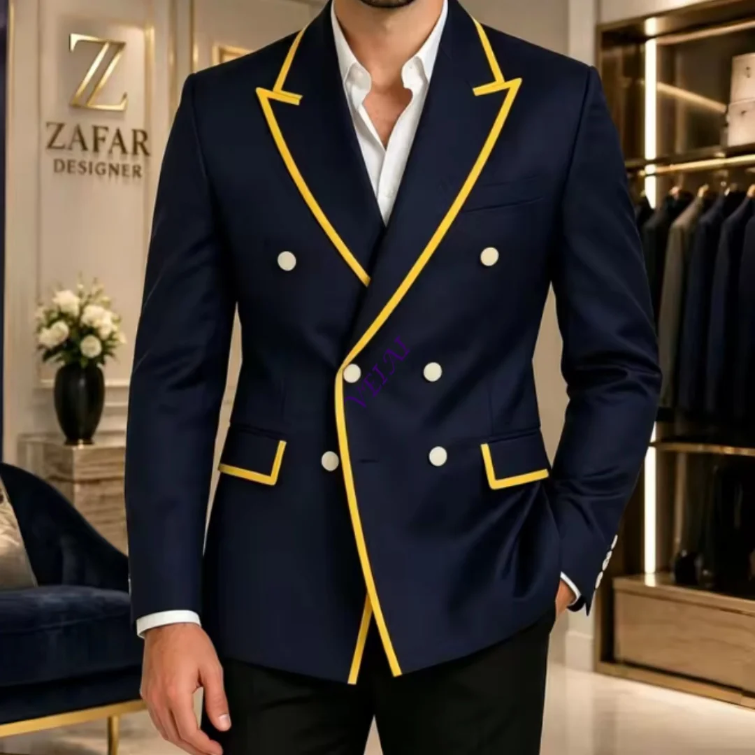 Customized Luxury Piping Double Breasted Men Suits Slim Fit Wedding Tuxedo 2 Pieces Formal Blazer Pants Set Groom Guest Prom Par