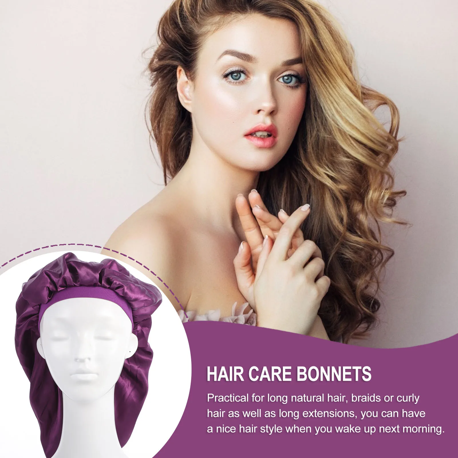 

Silk Satin Bonnet for Sleeping Women Long Hair Care Elastic B Purple Anti Hair Loss Bath Cap Home Use