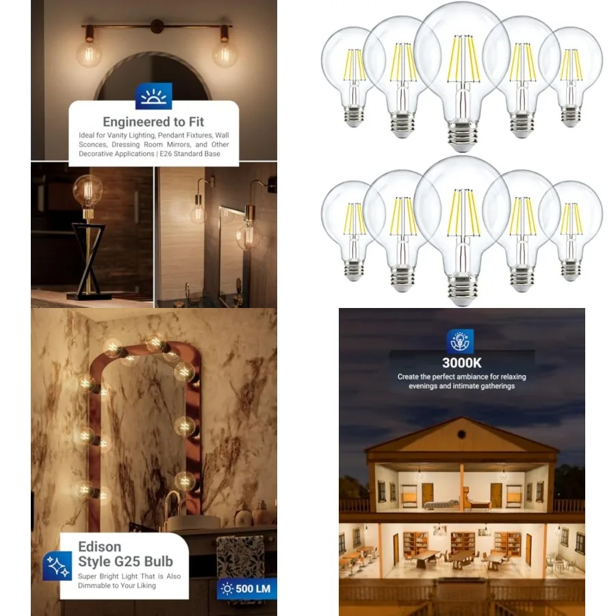 Sunco 10 Pack G25 LED Light Bulbs, Filament Edison Globe, Vanity Lighting Bulb for Bathroom Bedroom, 500 LM, 5W 60W Equivalent,