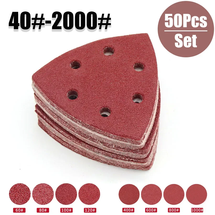 50pcs 90x90mm Triangle Sanding Pads Mouse Sander Pads Sandpaper With 6 Holes 40-2000 Grits For Delta Sanders/Multi-Sanders