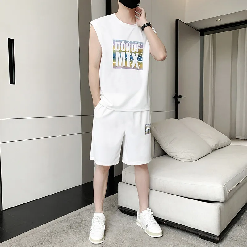 

Мужской повседневный спортивный комплект: летняя майка без рукавов, свободные шорты, быстросохнущая универсальная мужская одежда, футболка из полиэстера