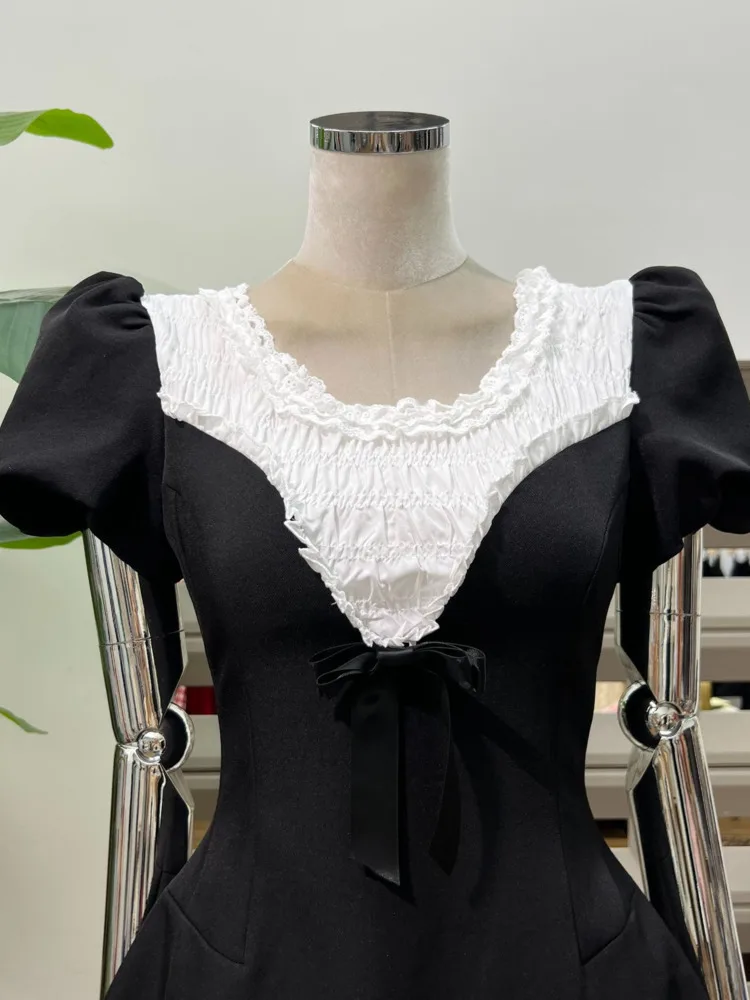 Dfdg feminino preto retalhos puff manga curta smocked cintura vestido elegante designer premium cocktail festa primavera verão 2025