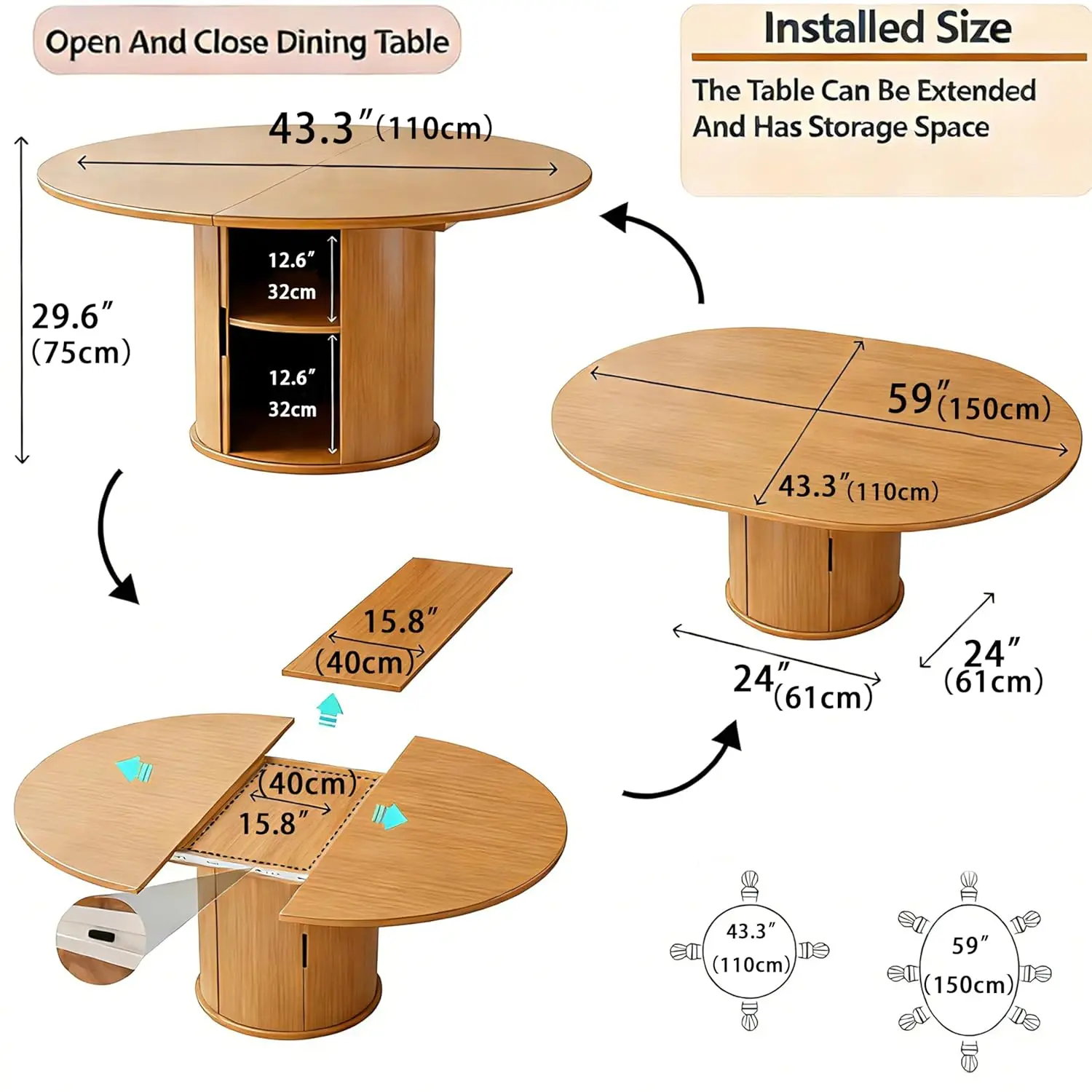 Extendable Round Dining Table for 2-4-6, 59 Inch Dining Room Kitchen Table with 2-Tier Storage Shelf, Modern, Customized