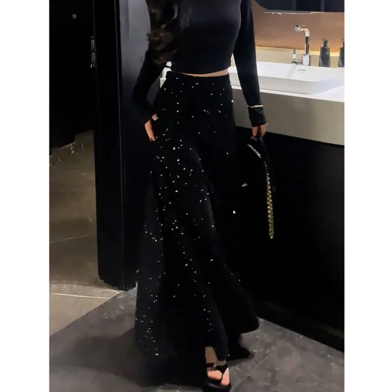 New Fashion Sequin Long Skirt Women Spring Autumn High Quality Vintage Retro Black High Waist A-Line Skirts Elegant Jupe