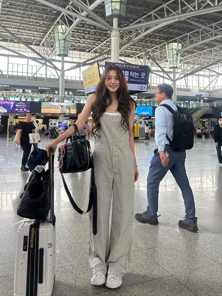 

Ретро-комбинезон в полоску с прямыми штанинами, женские свободные повседневные брюки с высокой талией из смесового хлопка, длинные брюки