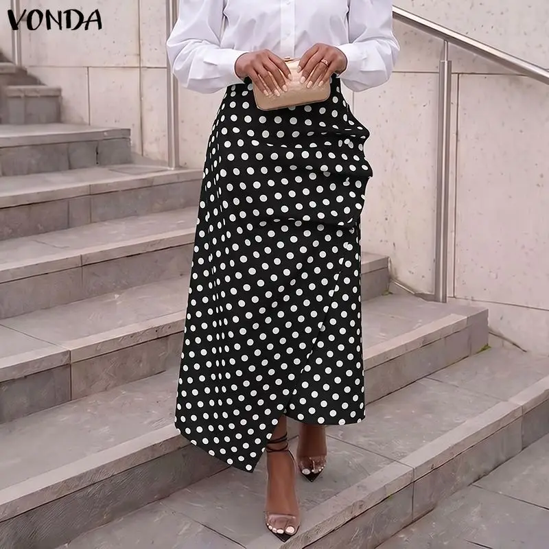 VONDA Fashion Summer Pleated Women Skirts A-line Dot Print Long Skirts Streetwear Bottoms OL Work Party 3XL Oversize Skirts