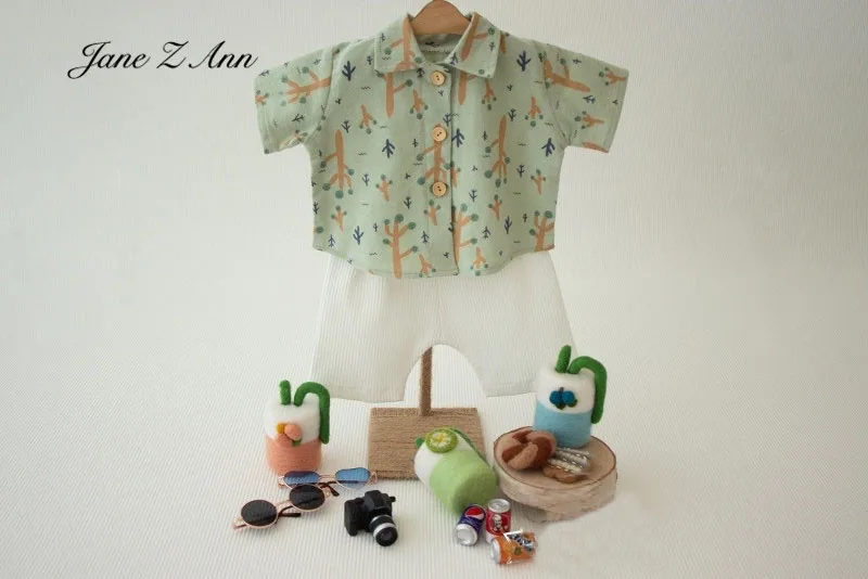 Summer Beach Vacation Style Short Sleeve Printed Shirt Cartoon Newborn Baby Studio Photography Prop