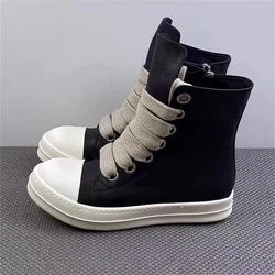 Men's Women High-top Canvas Sneakers Black Leather Zipper Lace Up Casual Shoes Thick Bottom Sneakers Large Size Chaussure Femme