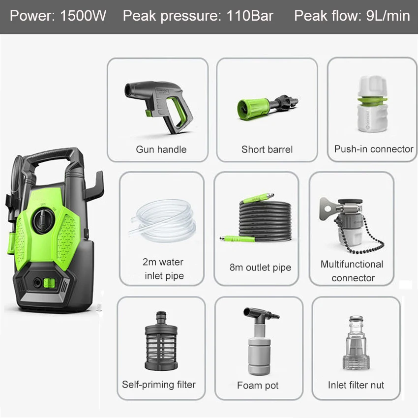 1500W 220V 110bar Pressure Washer Car Dry Cleaning Portable Car Wash and Motorcycle Washing Machine Care Auto Parts