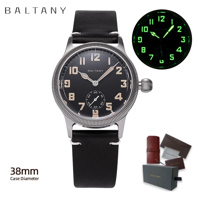 Baltany WW1 Military Trench Retro Men's Watch Sapphire Leather Strap White Enamel Dial St1701 Homage Automatic Field Watches Men